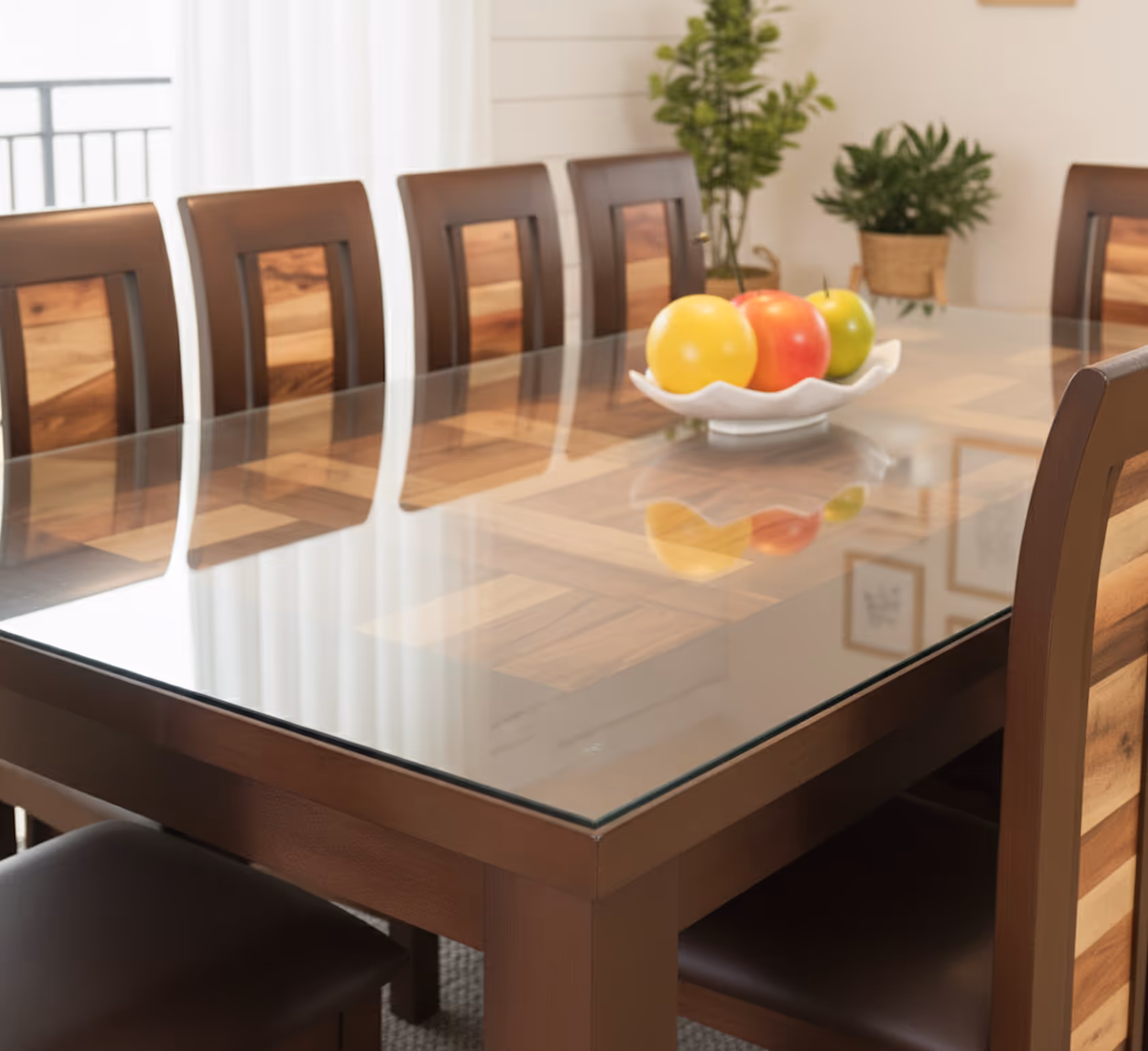 Aurora glass table top over its two-tone wood mosaic