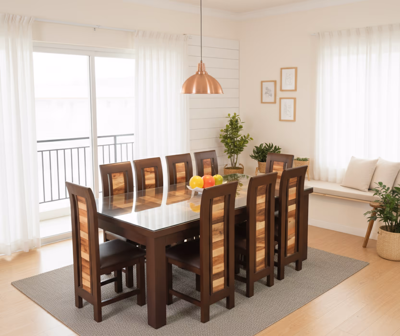 Aurora dining set: glass-topped table with high-back chairs with two-tone inlay panels