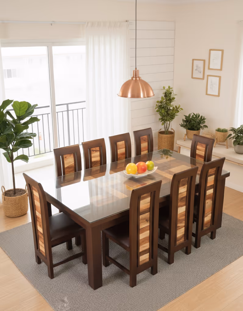 Aurora dining set: glass-topped table with two-tone inlay chair backs