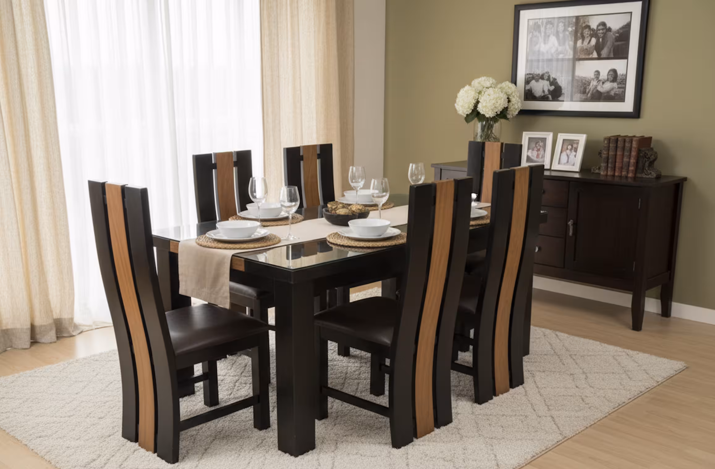 Bellagio dining set: dark frame with pale wood stripes running up the chair backs