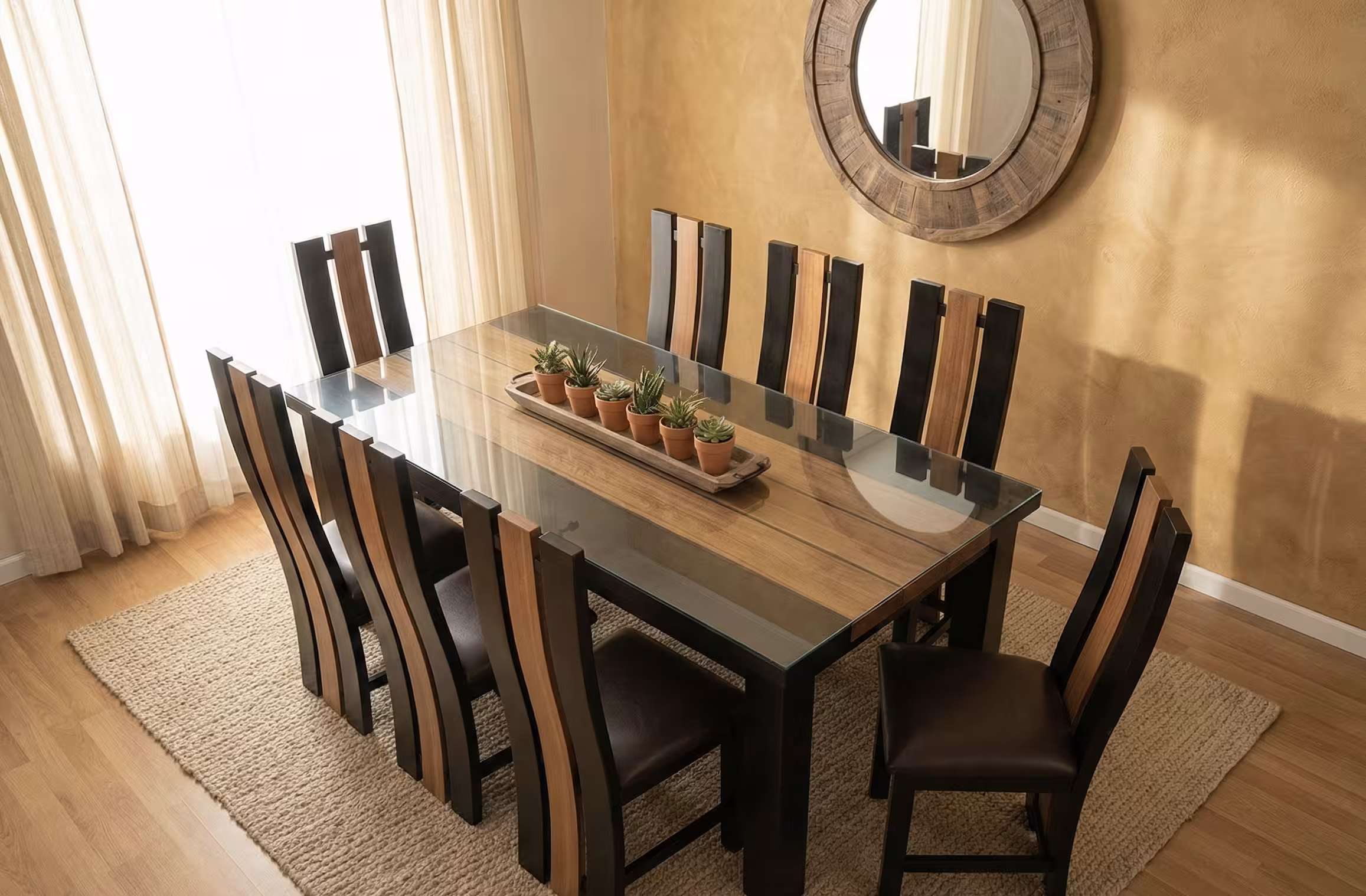 Bellagio dining set seen from above, glass top over a dark frame