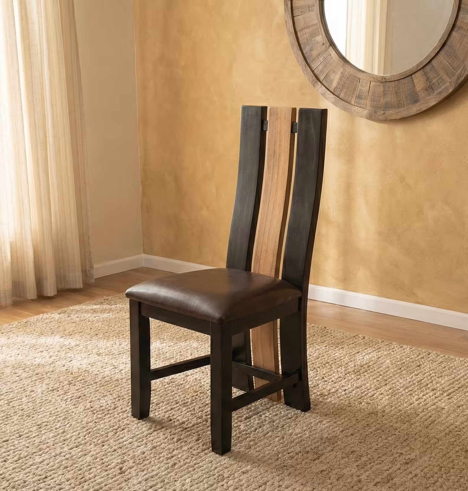 Bellagio chair, dark frame with a pale wood stripe up the back