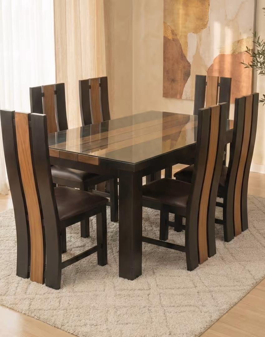 Bellagio dining set: dark frame with pale wood stripes up the chair backs