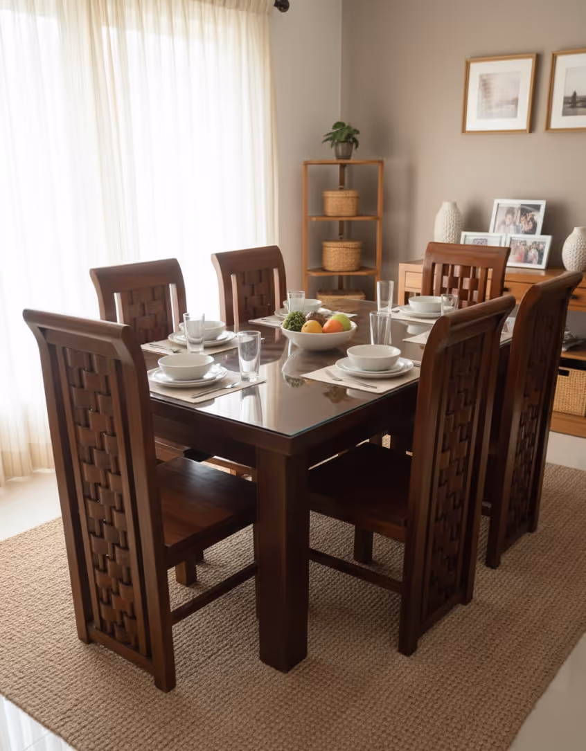 Imperia dining set with woven-pattern chair backs, table laid for a meal