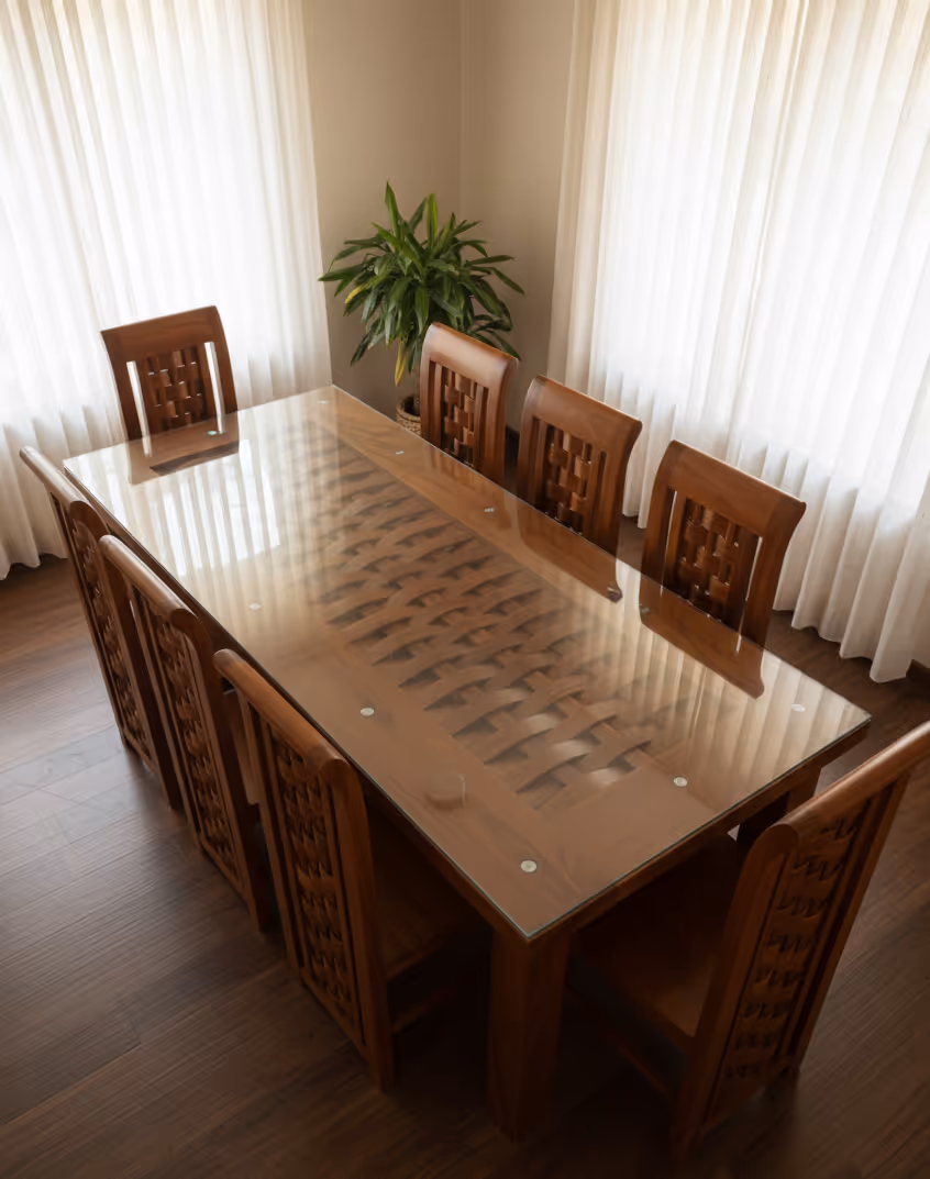 Imperia table from above, woven inlay running its length under glass