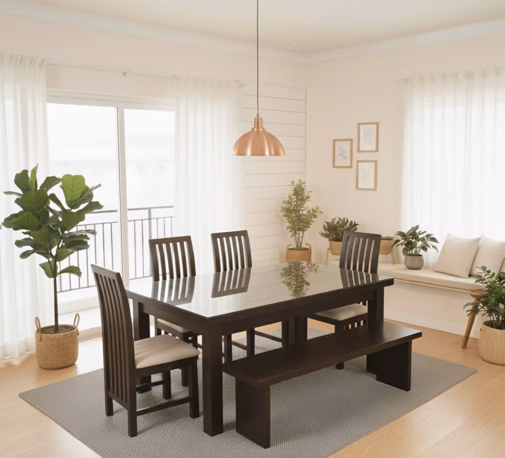 Solara dining set: dark table with slat-back chairs and a matching bench