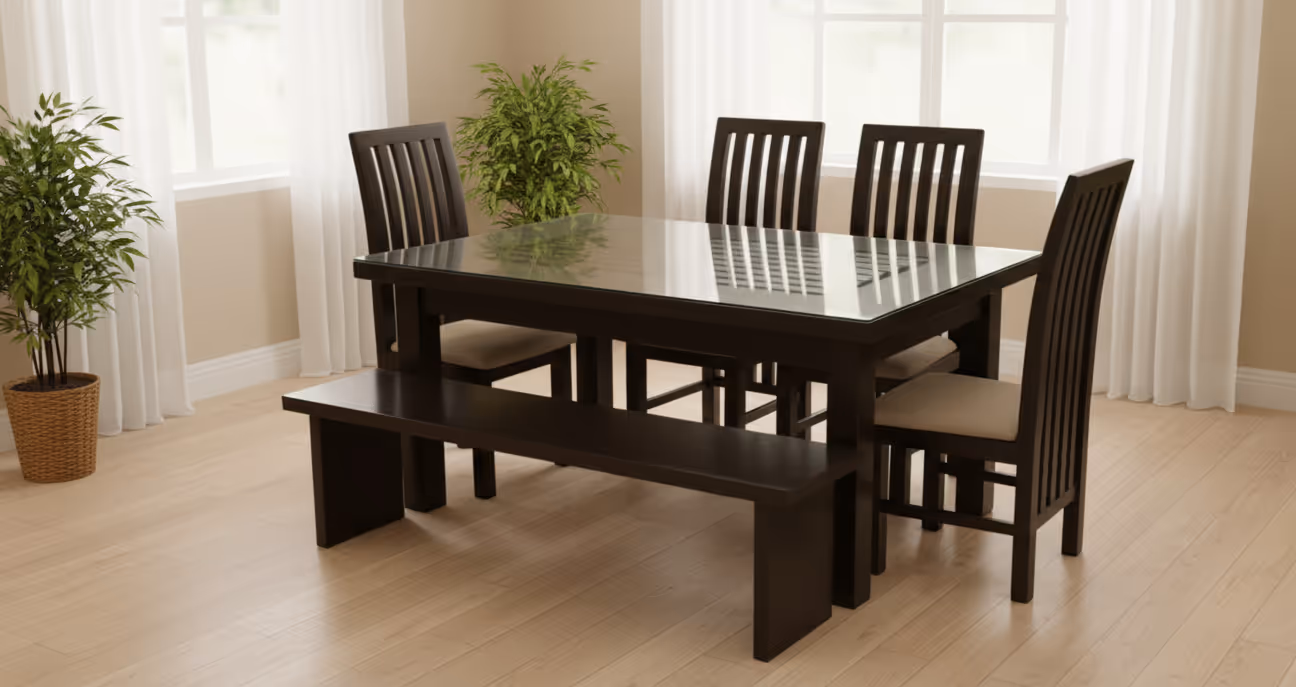 Solara dining set with bench and four slat-back chairs