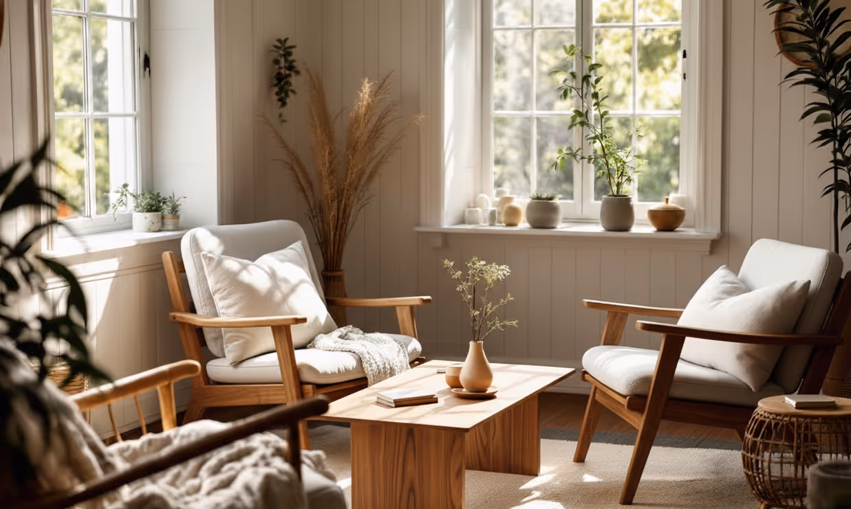 Two wooden armchairs with cream cushions beside a low wooden table
