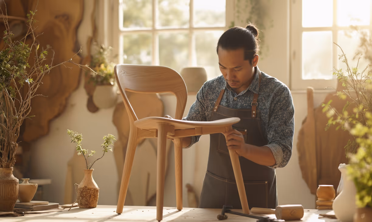 Artisan shaping a wooden chair frame in the workshop