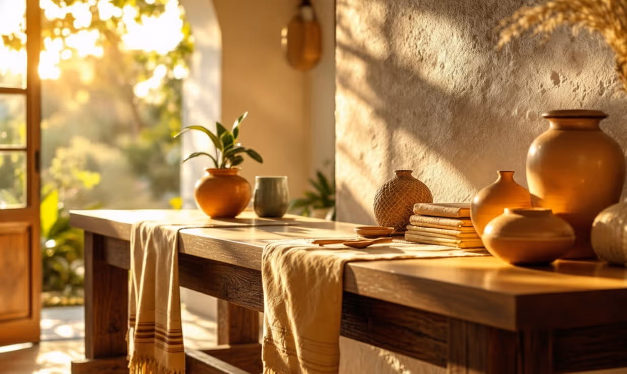 Long wooden console table holding pottery and folded cloth