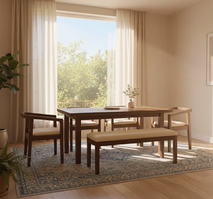 Dining table with armchairs and a bench, cream upholstered seats