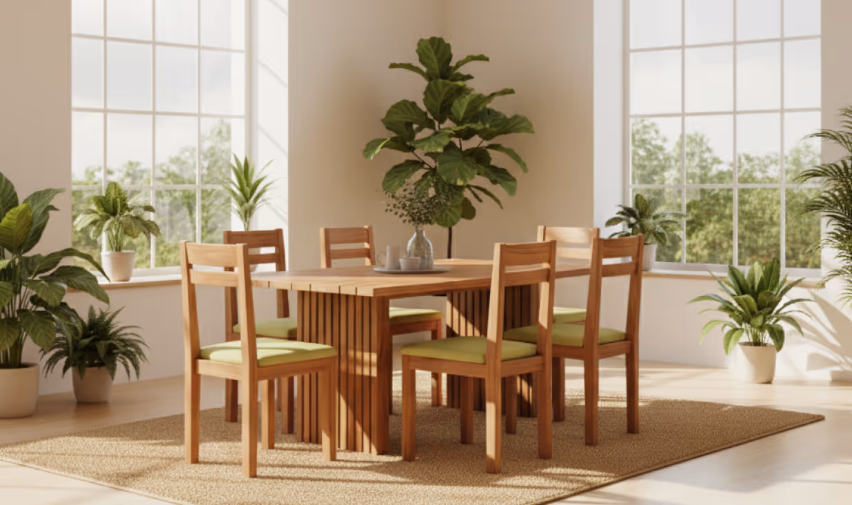 Dining table and six slat-back chairs in pale wood with green upholstered seats