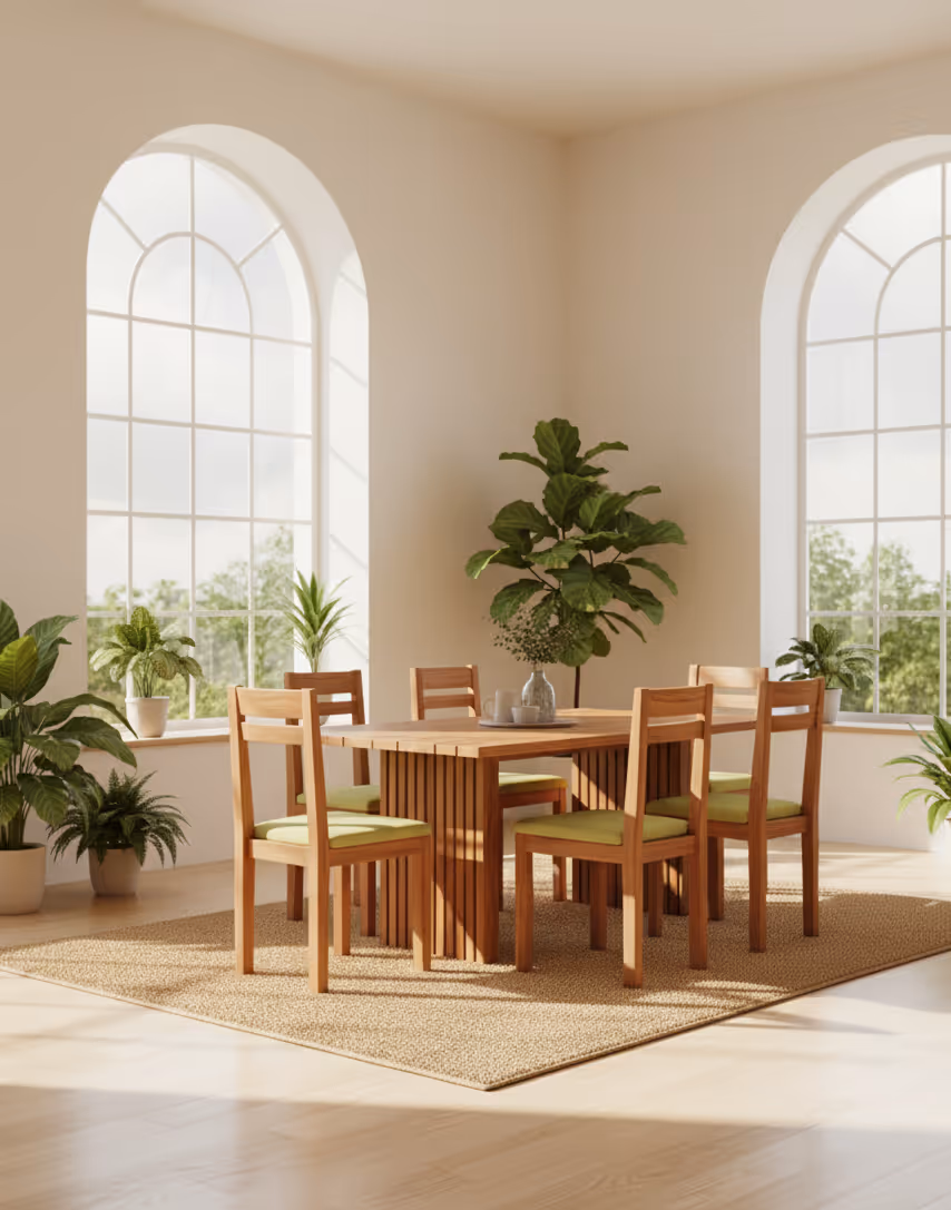 Dining table and six chairs in pale wood with green upholstered seats