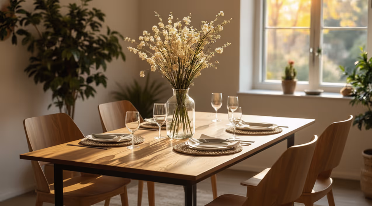 Pale wood dining table laid for a meal, with four chairs