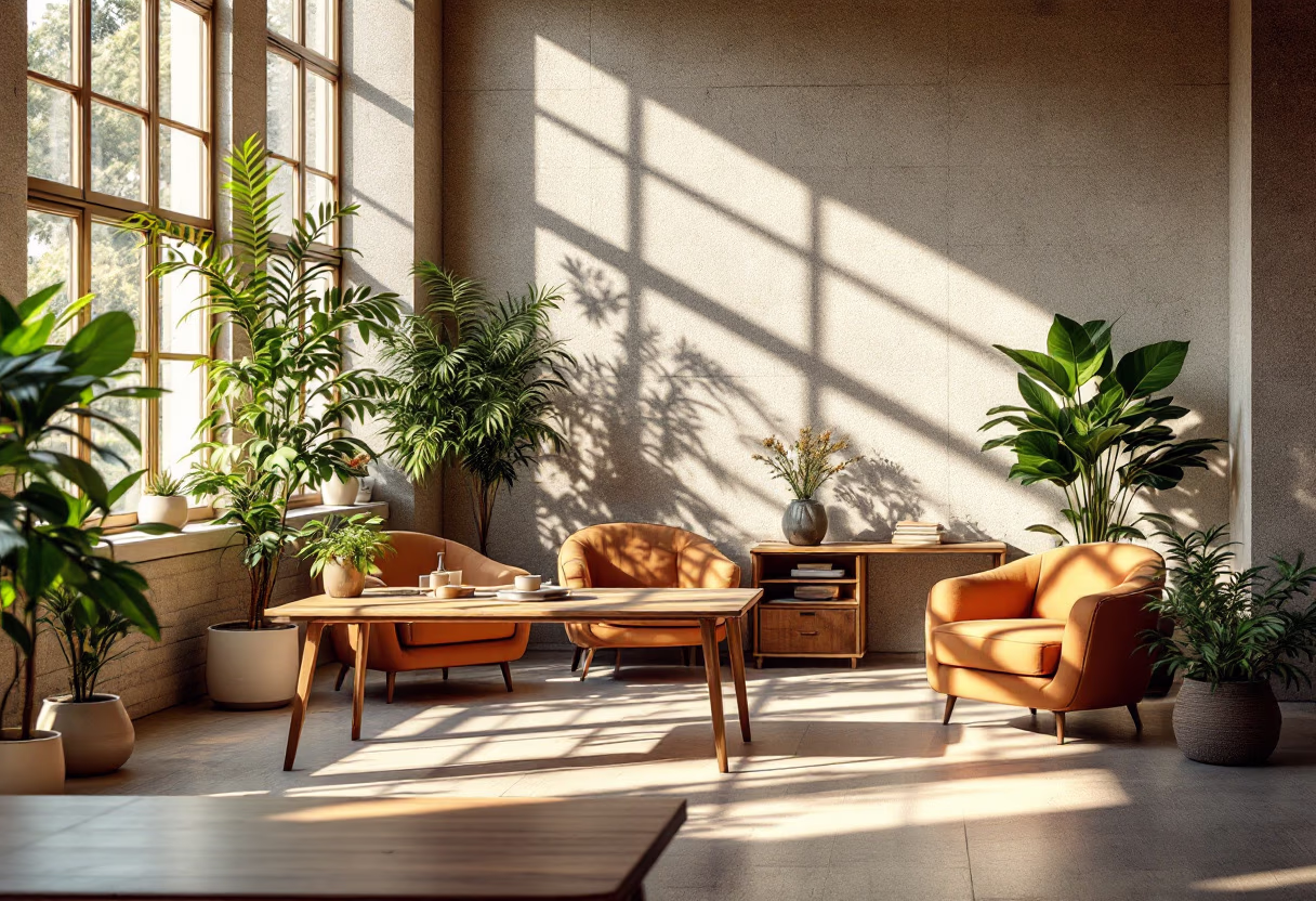 Wooden armchairs and a low table in a sunlit room