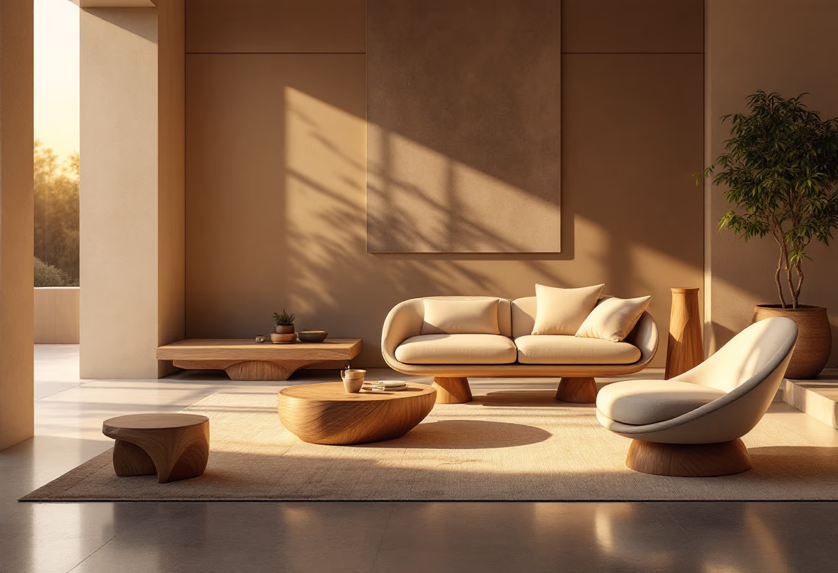 Living room with a cream sofa, a curved armchair and low wooden tables