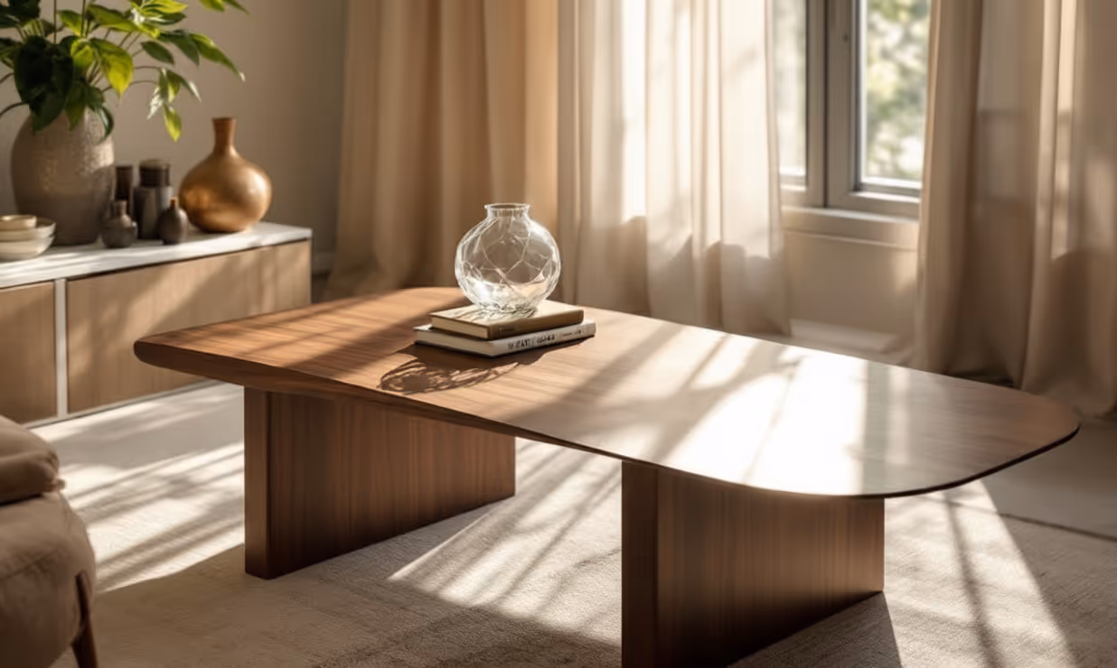 Wooden dining table with rounded ends in a sunlit room