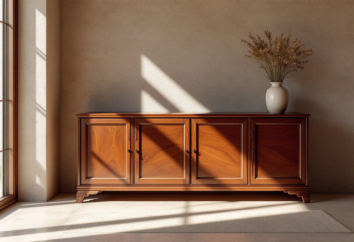 Wooden sideboard with panelled doors against a sunlit wall