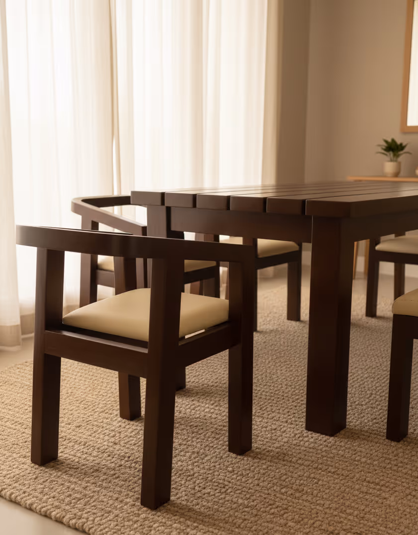 Close-up of a Sorrento armchair beside the plank table top