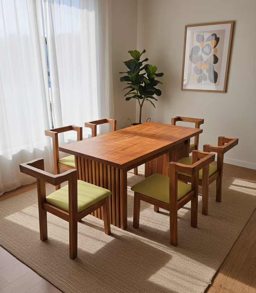 Dining table with a slatted base and six chairs with green upholstered seats