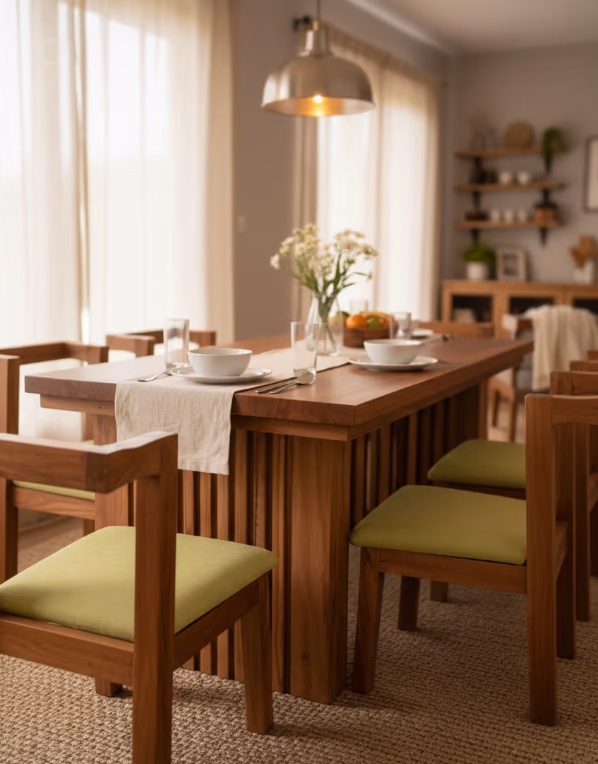 Vienna dining set: table with a slatted base and green upholstered chairs