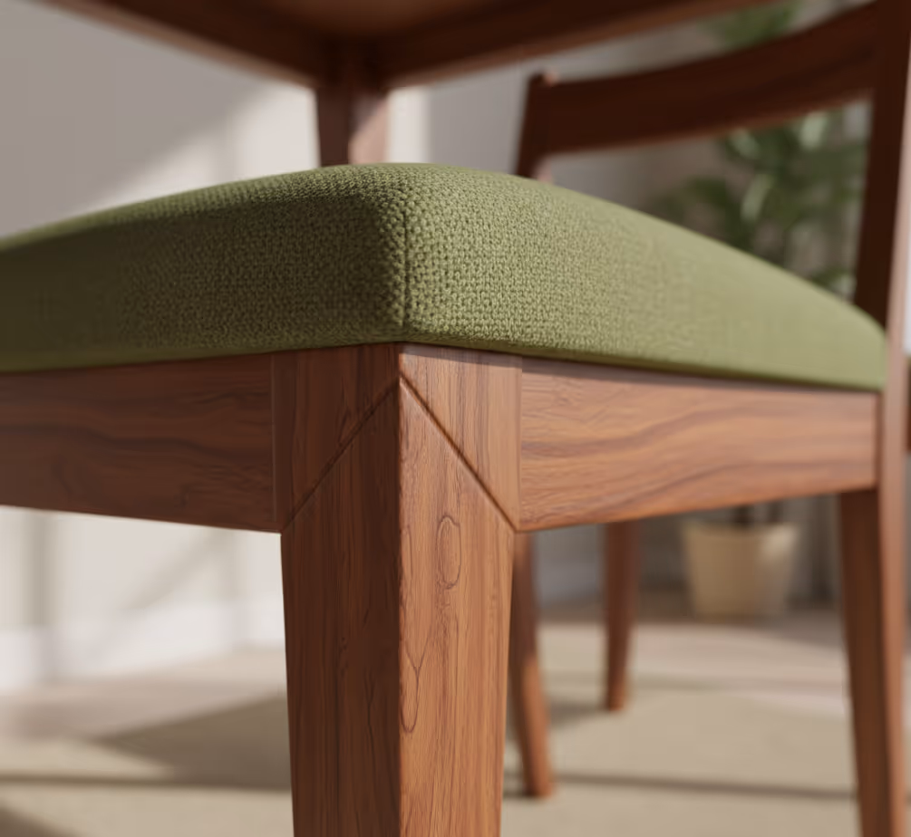 Close-up of a green upholstered seat and the chair leg beneath it